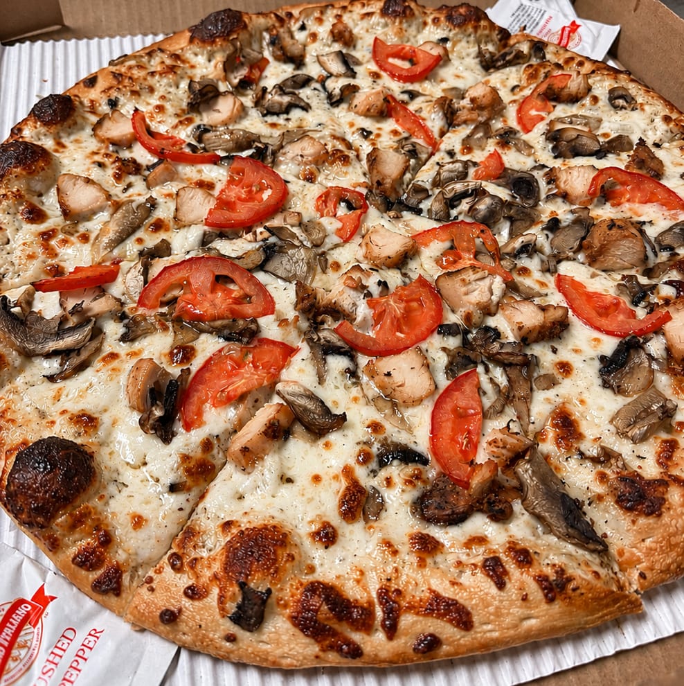 Chicken Alfredo Pizza.