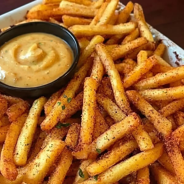Crispy seasoned french fries in a white dish with a side of creamy dipping sauce in a black bowl.