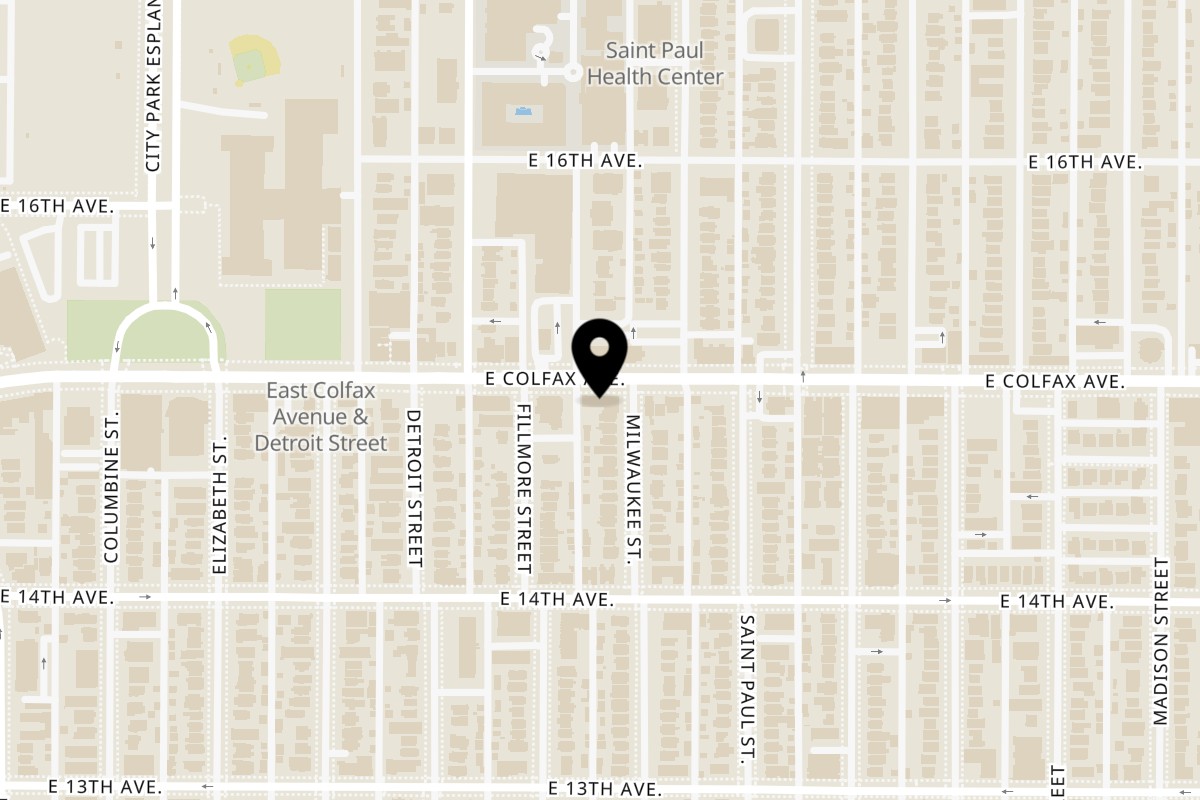 Map showing the location of Pizza Cucina Denver on 2934 E Colfax Ave in Denver